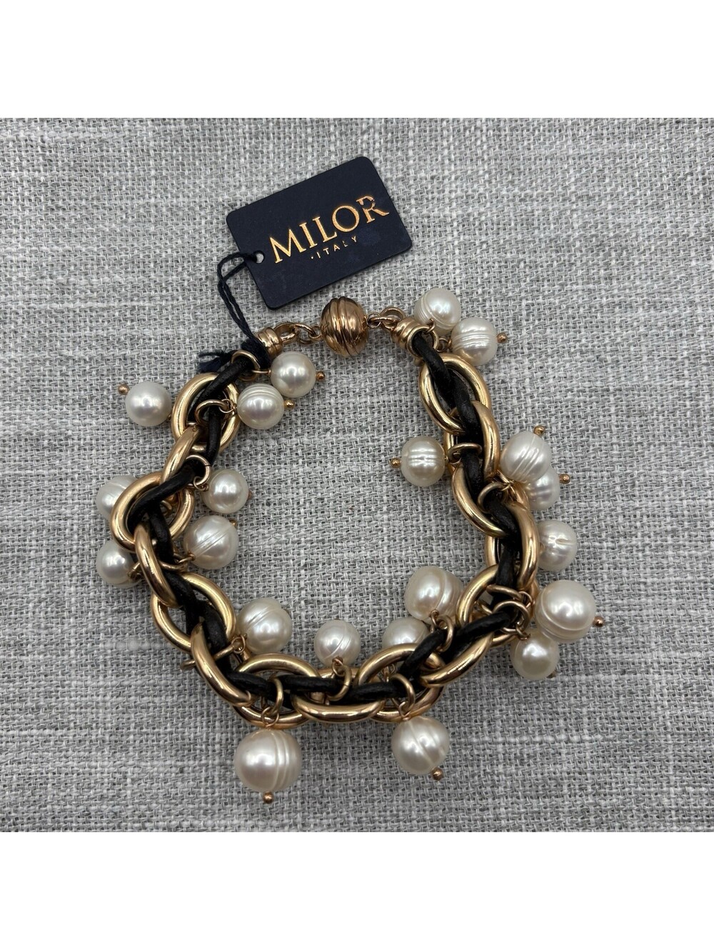 Milor Italy Bronze & Leather Chain Pearl Charm Bracelet